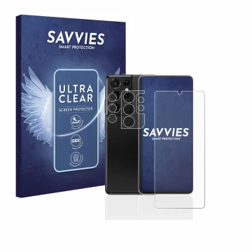 Vorderseite einer Produktverpackung mit dem Markenlogo Savvies. Daneben ist das Gerät Samsung Galaxy S21 Ultra 5G (Display+Kam