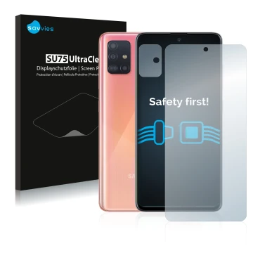 Vorderseite einer Produktverpackung mit dem Markenlogo Savvies. Daneben ist das Gerät Samsung Galaxy A51 (Display+Kamera) mit 