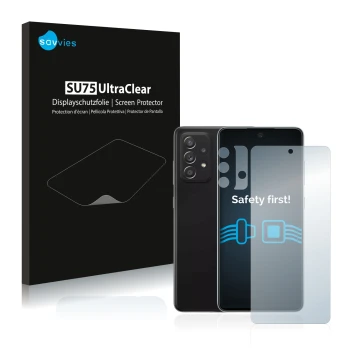 Vorderseite einer Produktverpackung mit dem Markenlogo Savvies. Daneben ist das Gerät Samsung Galaxy A52 5G (Display+Kamera) m