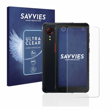 Vorderseite einer Produktverpackung mit dem Markenlogo Savvies. Daneben ist das Gerät Samsung Galaxy XCover 5 (Display+Kamera)