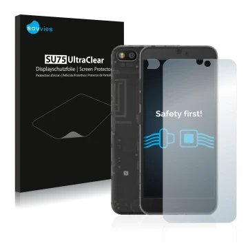 Vorderseite einer Produktverpackung mit dem Markenlogo Savvies. Daneben ist das Gerät Fairphone 3 (Display+Kamera) mit dem zug