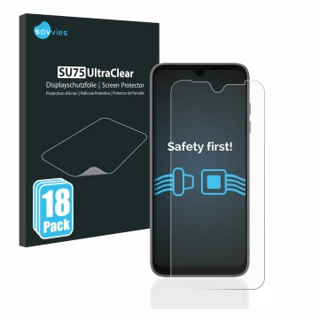 Vorderseite einer Produktverpackung mit dem Markenlogo Savvies. Daneben ist das Gerät Fairphone 4 mit dem zugehörigen Displays