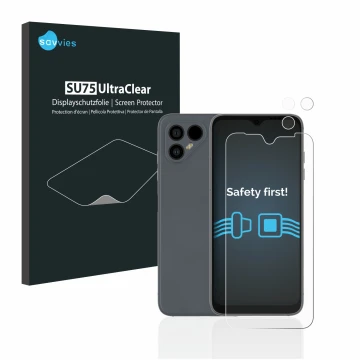 Vorderseite einer Produktverpackung mit dem Markenlogo Savvies. Daneben ist das Gerät Fairphone 4 (Display+Kamera) mit dem zug