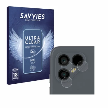 Vorderseite einer Produktverpackung mit dem Markenlogo Savvies. Daneben ist das Gerät Fairphone 4 (NUR Kameraschutz) mit dem z