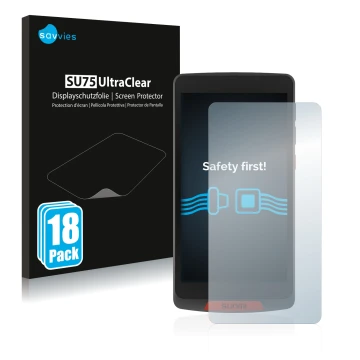 Vorderseite einer Produktverpackung mit dem Markenlogo Savvies. Daneben ist das Gerät Sunmi M2 mit dem zugehörigen Displayschu