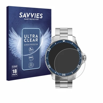 Vorderseite einer Produktverpackung mit dem Markenlogo Savvies. Daneben ist das Gerät Withings ScanWatch Horizon (43 mm) mit d