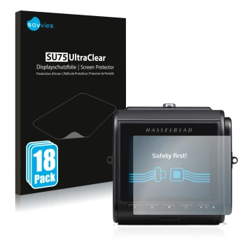 Vorderseite einer Produktverpackung mit dem Markenlogo Savvies. Daneben ist das Gerät Hasselblad 907X 50C mit dem zugehörigen 