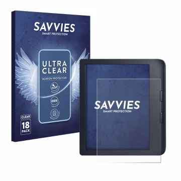 Vorderseite einer Produktverpackung mit dem Markenlogo Savvies. Daneben ist das Gerät Kobo Libra 2 mit dem zugehörigen Display