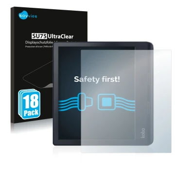 Vorderseite einer Produktverpackung mit dem Markenlogo Savvies. Daneben ist das Gerät Kobo Sage mit dem zugehörigen Displaysch