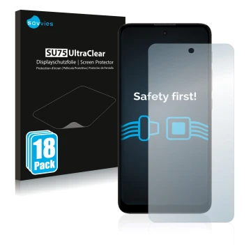 Vorderseite einer Produktverpackung mit dem Markenlogo Savvies. Daneben ist das Gerät Motorola Moto E40 mit dem zugehörigen Di