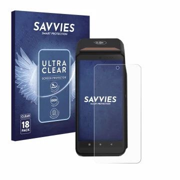 Vorderseite einer Produktverpackung mit dem Markenlogo Savvies. Daneben ist das Gerät ingenico Axium DX8000 mit dem zugehörige