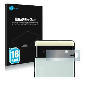 Vorderseite einer Produktverpackung mit dem Markenlogo Savvies. Daneben ist das Gerät Google Pixel 6 (NUR Kameraschutz) mit de