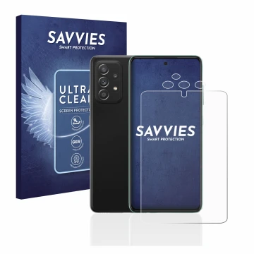 Vorderseite einer Produktverpackung mit dem Markenlogo Savvies. Daneben ist das Gerät Samsung Galaxy A52s 5G (Display+Kamera) 