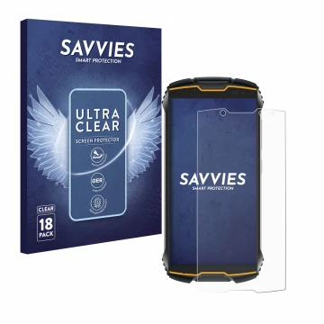 Vorderseite einer Produktverpackung mit dem Markenlogo Savvies. Daneben ist das Gerät Cubot King Kong Mini 2 mit dem zugehörig