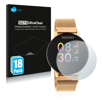 Vorderseite einer Produktverpackung mit dem Markenlogo Savvies. Daneben ist das Gerät Oozoo Q00117 mit dem zugehörigen Display