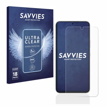 Vorderseite einer Produktverpackung mit dem Markenlogo Savvies. Daneben ist das Gerät Samsung Galaxy S22 5G mit dem zugehörige