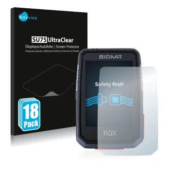 Vorderseite einer Produktverpackung mit dem Markenlogo Savvies. Daneben ist das Gerät Sigma ROX 2.0 mit dem zugehörigen Displa