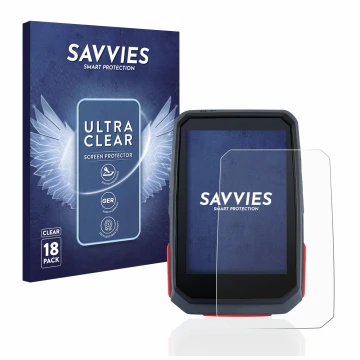 Vorderseite einer Produktverpackung mit dem Markenlogo Savvies. Daneben ist das Gerät Sigma ROX 4.0 mit dem zugehörigen Displa