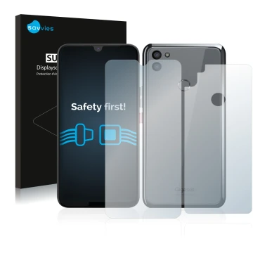 Vorderseite einer Produktverpackung mit dem Markenlogo Savvies. Daneben ist das Gerät Gigaset GS5 (Display+Rückseite) mit dem 