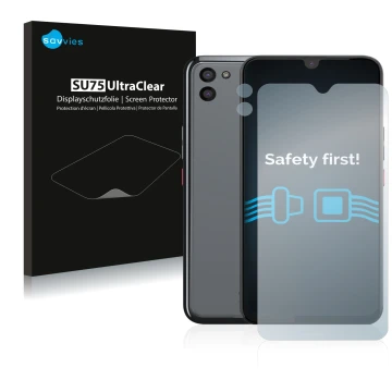 Vorderseite einer Produktverpackung mit dem Markenlogo Savvies. Daneben ist das Gerät Gigaset GS5 (Display+Kamera) mit dem zug