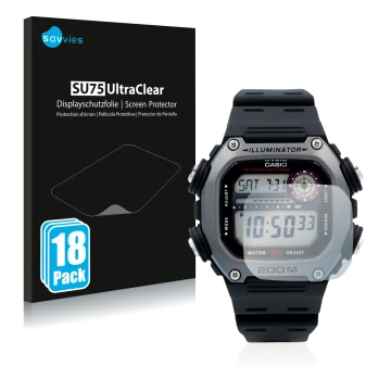 Vorderseite einer Produktverpackung mit dem Markenlogo Savvies. Daneben ist das Gerät Casio DW-291H mit dem zugehörigen Displa