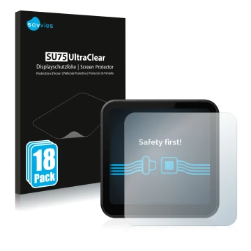 Vorderseite einer Produktverpackung mit dem Markenlogo Savvies. Daneben ist das Gerät DJI Action 2 mit dem zugehörigen Display