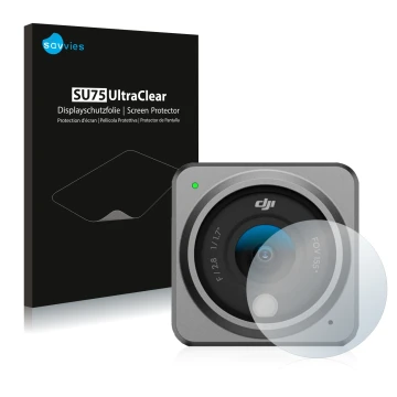 Vorderseite einer Produktverpackung mit dem Markenlogo Savvies. Daneben ist das Gerät DJI Action 2 Linse (Gehäuse) mit dem zug