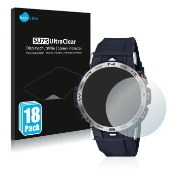 Vorderseite einer Produktverpackung mit dem Markenlogo Savvies. Daneben ist das Gerät Casio Pro Trek PRW-30-1AER mit dem zugeh