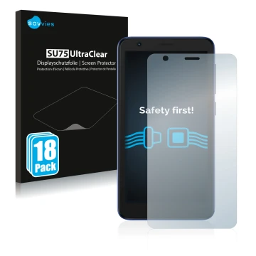 Vorderseite einer Produktverpackung mit dem Markenlogo Savvies. Daneben ist das Gerät ZTE Blade L9 mit dem zugehörigen Display