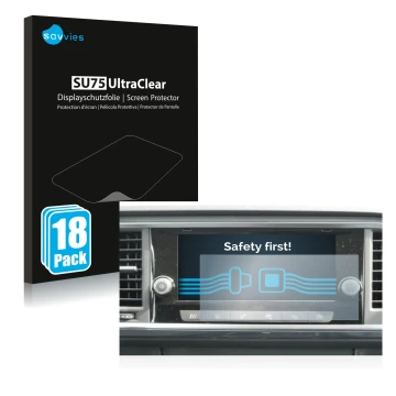 Vorderseite einer Produktverpackung mit dem Markenlogo Savvies. Daneben ist das Gerät Seat Ateca 2021 Media System 8.25