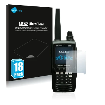 Vorderseite einer Produktverpackung mit dem Markenlogo Savvies. Daneben ist das Gerät Aor AR-DV10 mit dem zugehörigen Displays