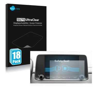 Vorderseite einer Produktverpackung mit dem Markenlogo Savvies. Daneben ist das Gerät Hyundai Kona 2021 Infotainment System 8