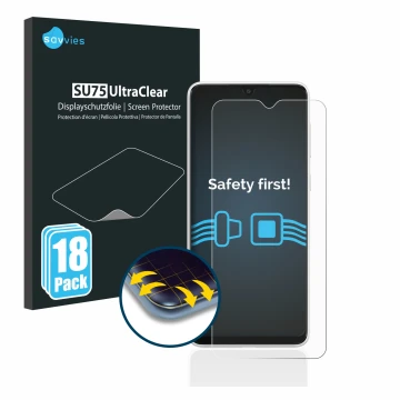 Vorderseite einer Produktverpackung mit dem Markenlogo Savvies. Daneben ist das Gerät Samsung Galaxy A03 mit dem zugehörigen D