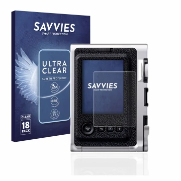Vorderseite einer Produktverpackung mit dem Markenlogo Savvies. Daneben ist das Gerät Fujifilm Instax Mini Evo mit dem zugehör