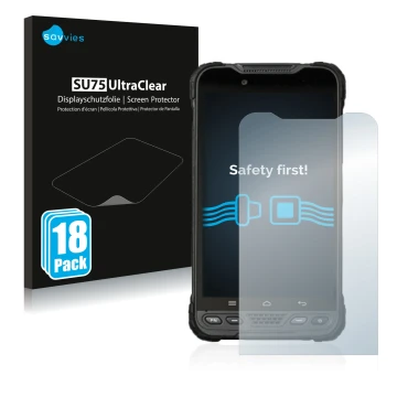 Vorderseite einer Produktverpackung mit dem Markenlogo Savvies. Daneben ist das Gerät UniStrong UT12P mit dem zugehörigen Disp