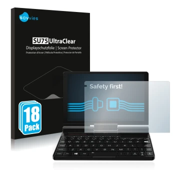 Vorderseite einer Produktverpackung mit dem Markenlogo Savvies. Daneben ist das Gerät GPD Pocket 3 mit dem zugehörigen Display