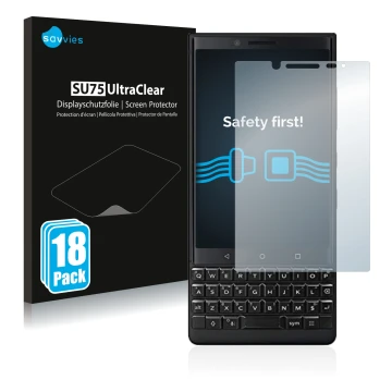 Vorderseite einer Produktverpackung mit dem Markenlogo Savvies. Daneben ist das Gerät BlackBerry Key2 (Dual Sim) mit dem zugeh