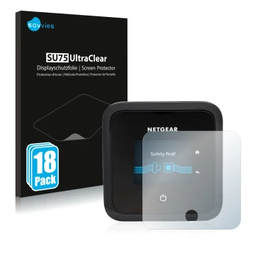 Vorderseite einer Produktverpackung mit dem Markenlogo Savvies. Daneben ist das Gerät Netgear Nighthawk M5 mit dem zugehörigen