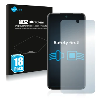 Vorderseite einer Produktverpackung mit dem Markenlogo Savvies. Daneben ist das Gerät Xiaomi Redmi Note 11 4G mit dem zugehöri