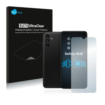 Vorderseite einer Produktverpackung mit dem Markenlogo Savvies. Daneben ist das Gerät Samsung Galaxy A13 5G (Display+Kamera) m