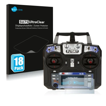 Vorderseite einer Produktverpackung mit dem Markenlogo Savvies. Daneben ist das Gerät FlySky FS-i6 mit dem zugehörigen Display