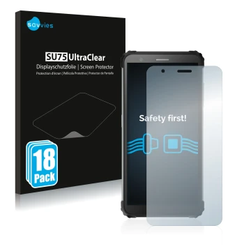 Vorderseite einer Produktverpackung mit dem Markenlogo Savvies. Daneben ist das Gerät Blackview BV6600 Pro mit dem zugehörigen