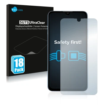 Vorderseite einer Produktverpackung mit dem Markenlogo Savvies. Daneben ist das Gerät ZTE Blade A71 mit dem zugehörigen Displa