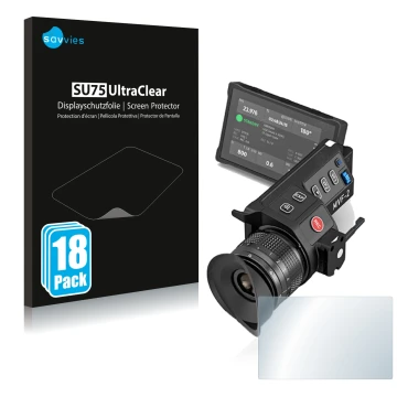 Vorderseite einer Produktverpackung mit dem Markenlogo Savvies. Daneben ist das Gerät Arri MVF-2 mit dem zugehörigen Displaysc