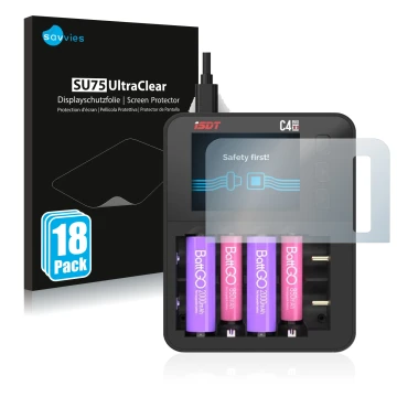 Vorderseite einer Produktverpackung mit dem Markenlogo Savvies. Daneben ist das Gerät ISDT C4 Evo mit dem zugehörigen Displays