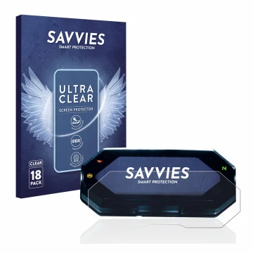 Vorderseite einer Produktverpackung mit dem Markenlogo Savvies. Daneben ist das Gerät Yamaha MT-07 2021 mit dem zugehörigen Di