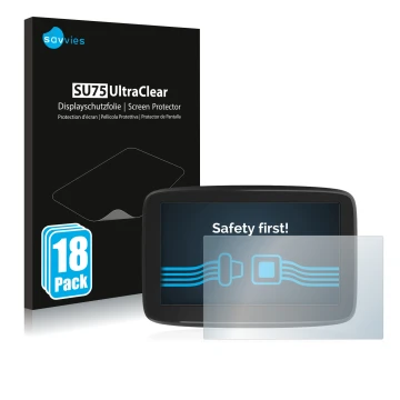 Vorderseite einer Produktverpackung mit dem Markenlogo Savvies. Daneben ist das Gerät TomTom GO Classic 5