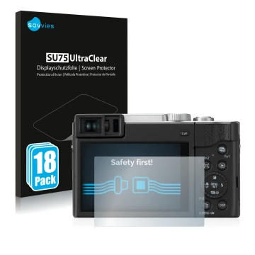 Vorderseite einer Produktverpackung mit dem Markenlogo Savvies. Daneben ist das Gerät Panasonic Lumix DC-TZ95 mit dem zugehöri