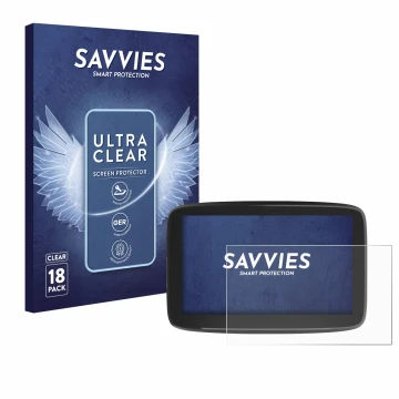Vorderseite einer Produktverpackung mit dem Markenlogo Savvies. Daneben ist das Gerät TomTom GO Classic 6