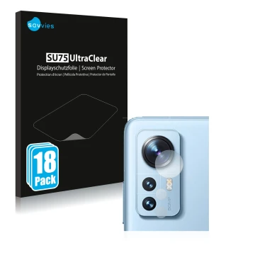 Vorderseite einer Produktverpackung mit dem Markenlogo Savvies. Daneben ist das Gerät Xiaomi 12 Pro (NUR Kameraschutz) mit dem